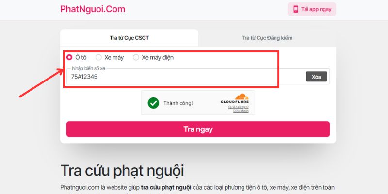 chọn phương tiện, nhập biển để kiểm tra phạt nguội tại Huế
