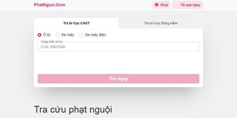 Giao diện tra cứu phạt nguội