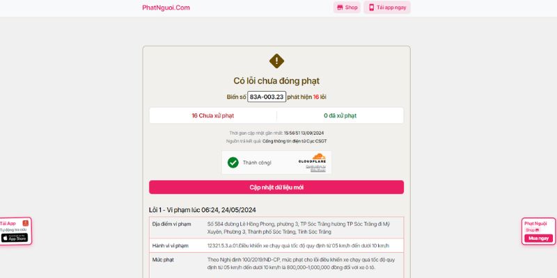 Trả kết quả tra phạt nguội Sóc Trăng