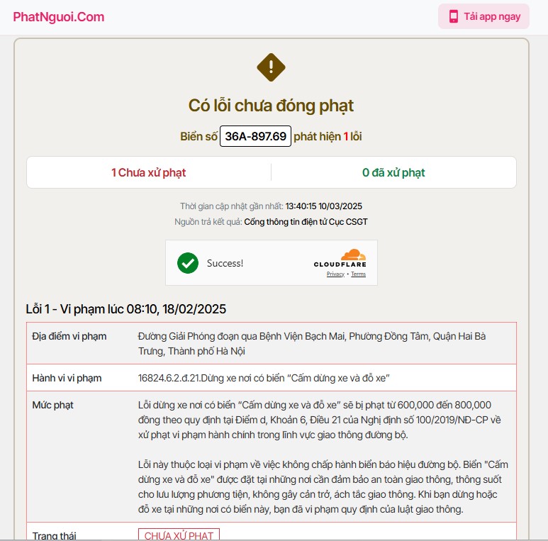 Ví dụ check biển xe Thanh Hóa bị phạt nguội tại Hà Nội tháng 2