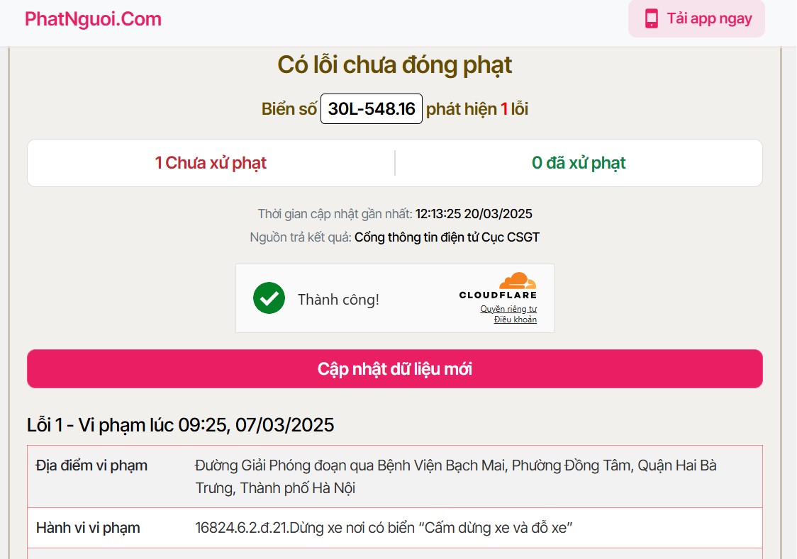 Ví dụ tra cứu phạt nguội t3 Hà Nội